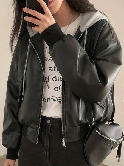 Blouson Bomber Femme Noir avec Capuche Grise Amovible Style Sport Chic