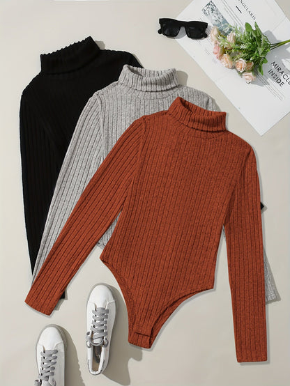 Body côtelé col roulé manches longues femme uni diverses couleurs