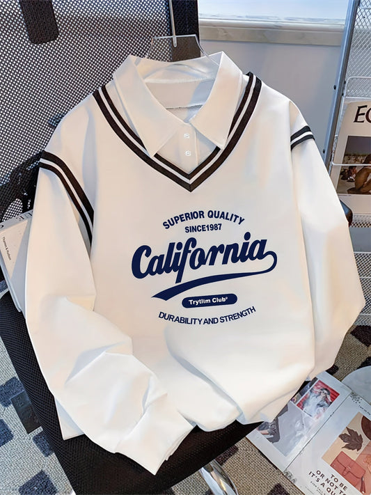 Sweat-shirt Blanc à Col Chemise Intégré et Motif California