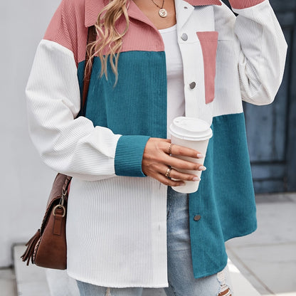 Veste Chemise Femme Blocs de Couleurs Velours Côtelé Boutons Col Chemise Manches Longues