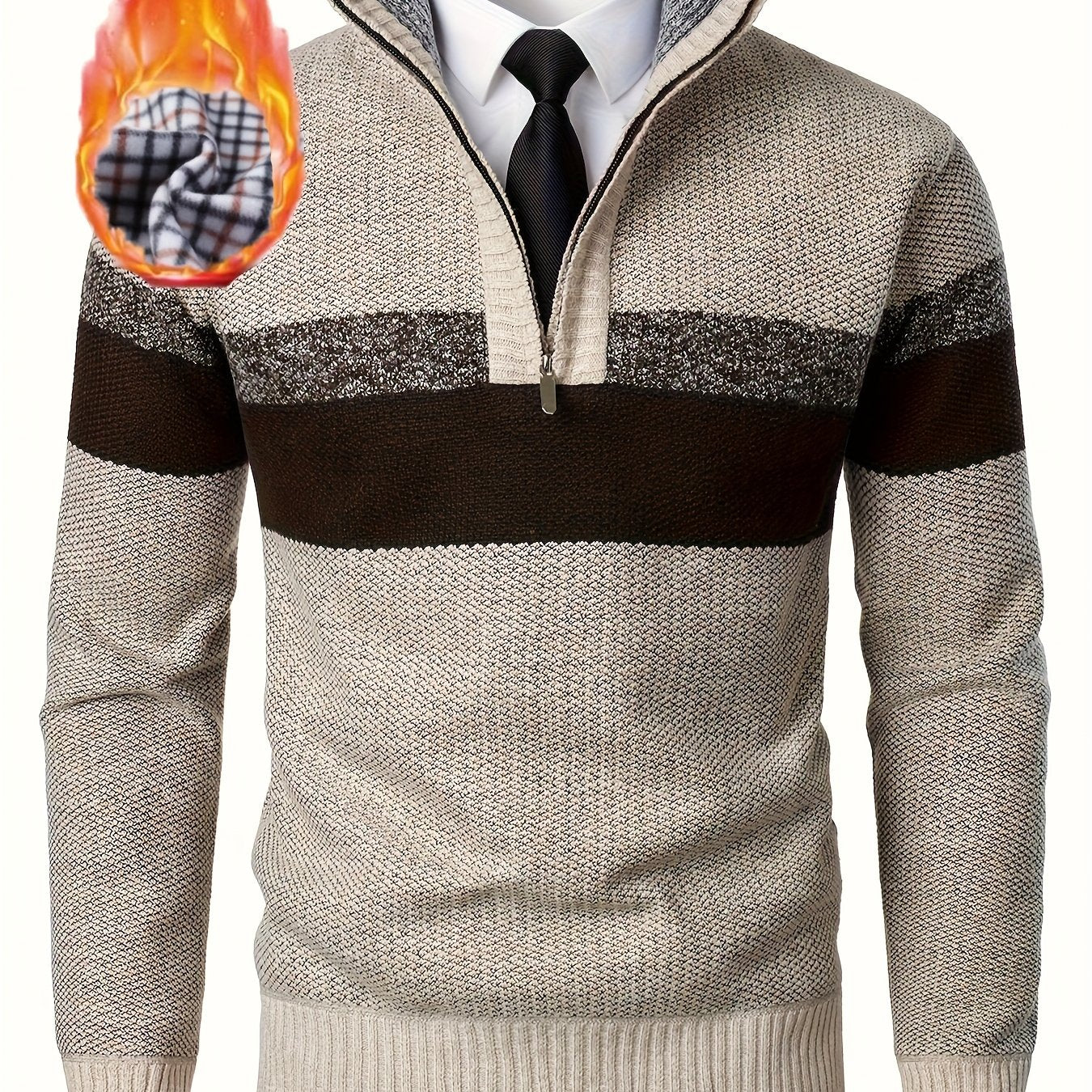 Pull homme tricoté à rayures, col montant zippé, doublure polaire beige et marron