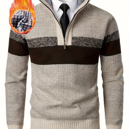 Pull homme tricoté à rayures, col montant zippé, doublure polaire beige et marron
