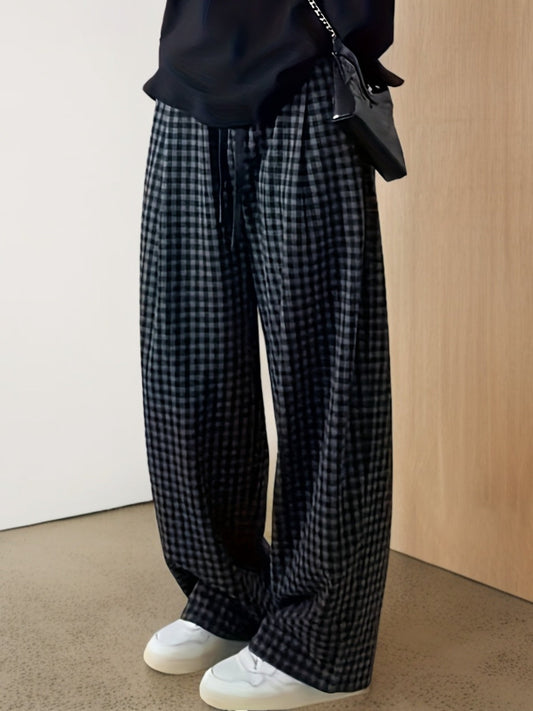 Pantalon large à carreaux Vichy noir et gris avec taille élastique et cordon