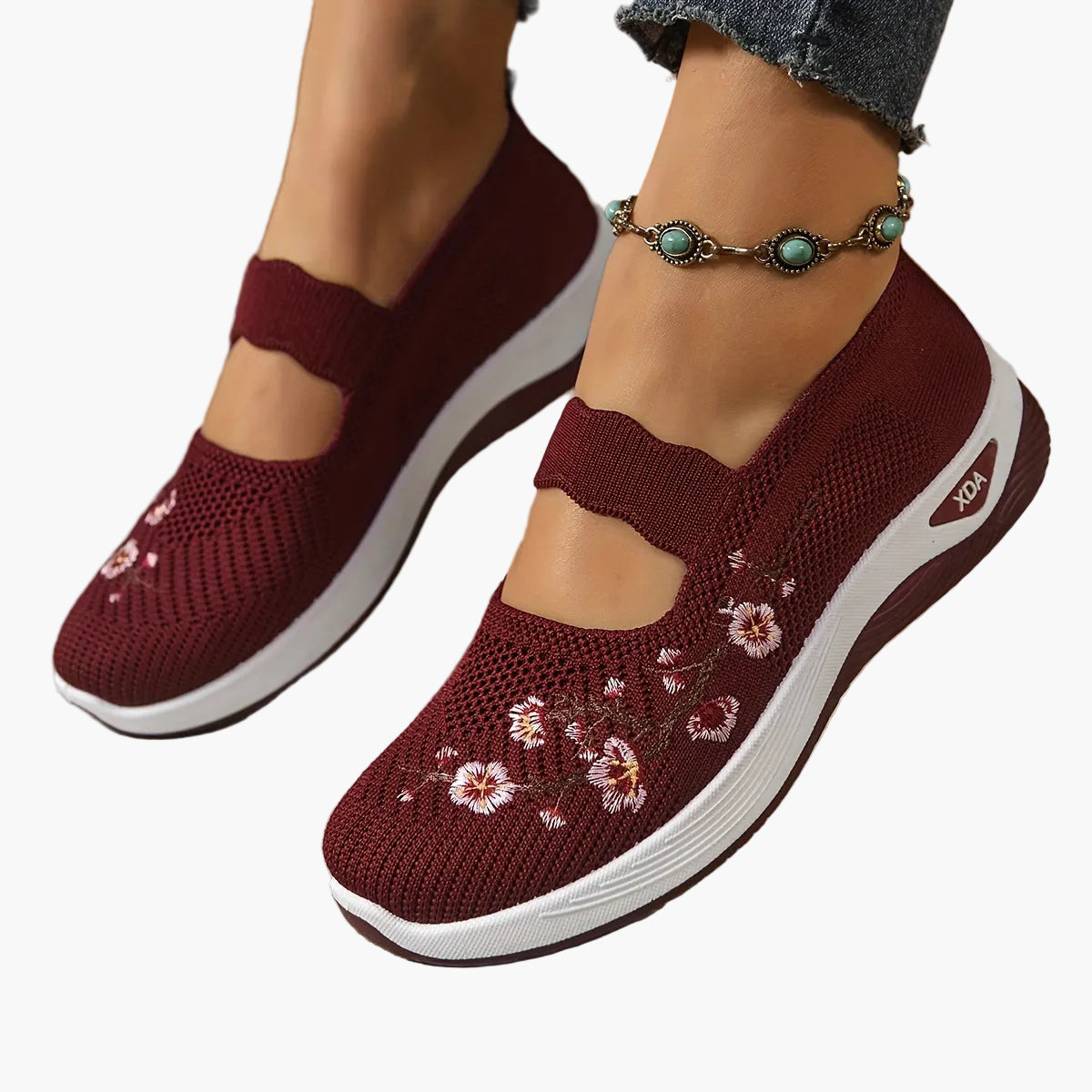 Chaussures décontractées femme confort avec broderie florale et bride élastique – Style marche et loisirs