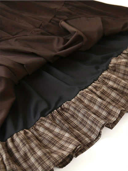 Jupe longue étagée femme avec doublure à carreaux et cordon de serrage