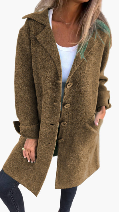 Manteau Long Décontracté à Revers pour Femme – Style Élégant et Polyvalent