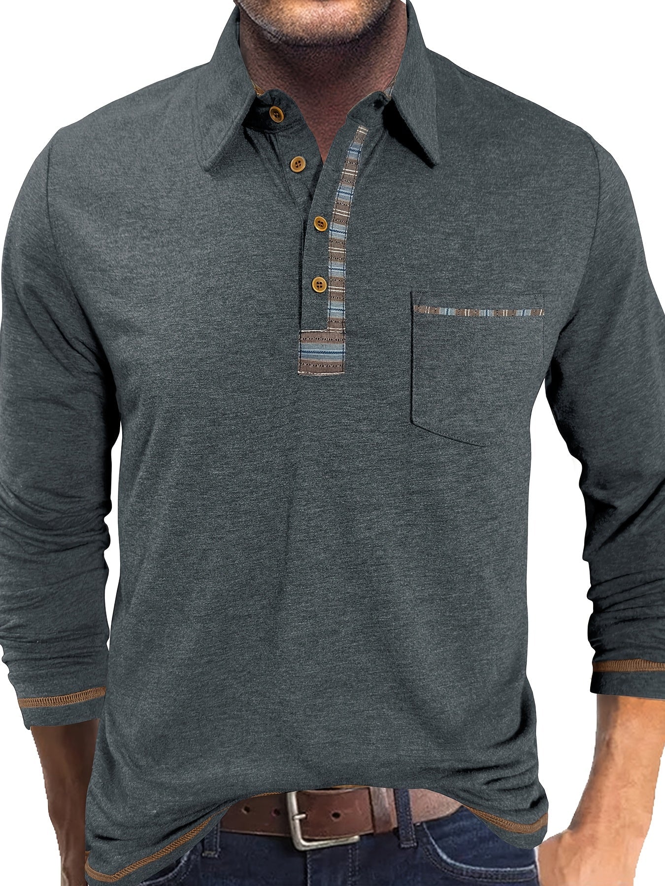 Polo Homme Manches Longues Détails Ethniques Boutons Beige