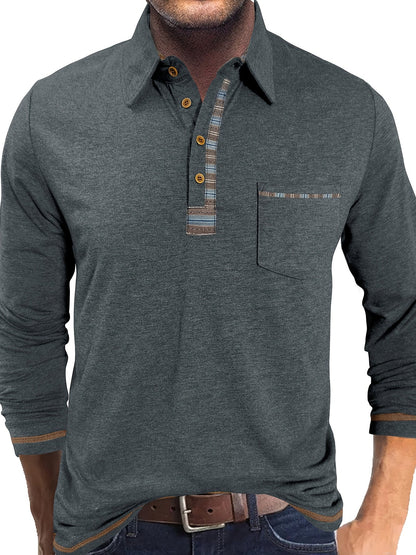 Polo Homme Manches Longues Détails Ethniques Boutons Beige