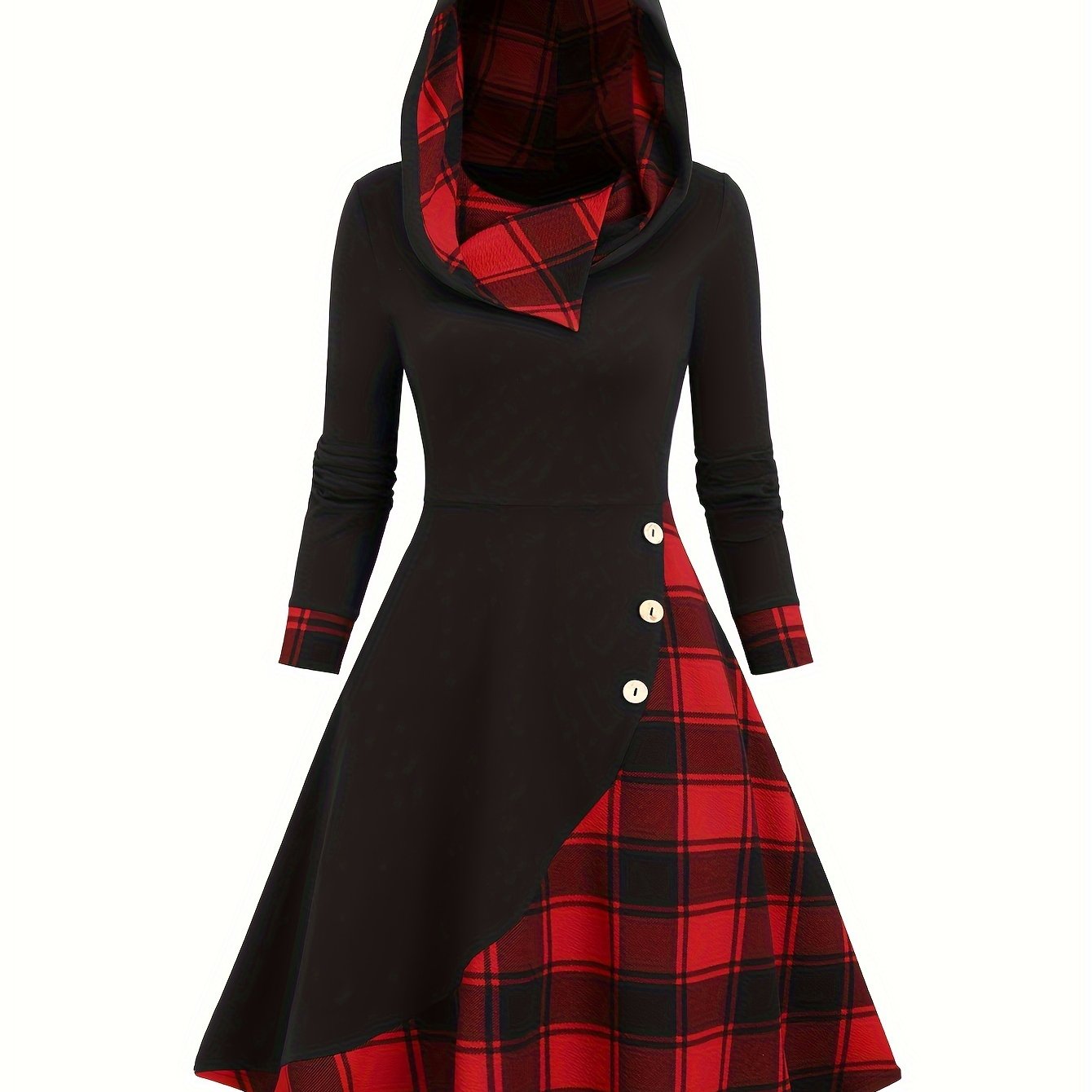Robe à capuche femme asymétrique noire et à carreaux bicolores avec boutons décoratifs