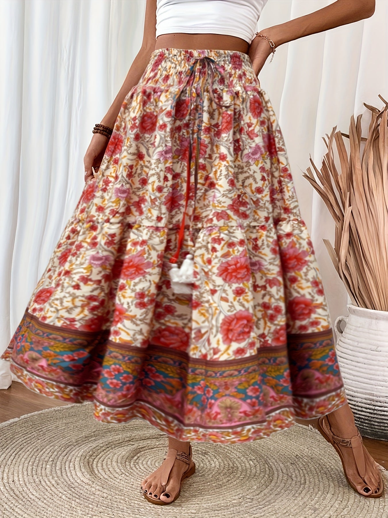 Elegant summer style women's long bohemian floral print skirt