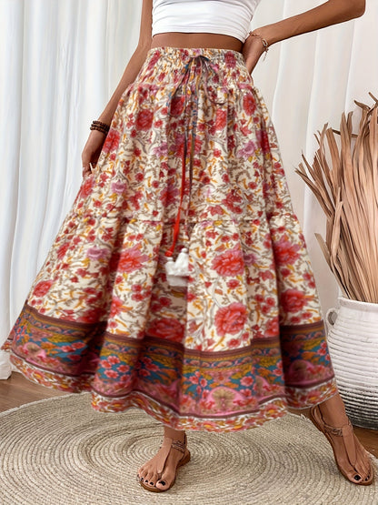 Elegant summer style women's long bohemian floral print skirt