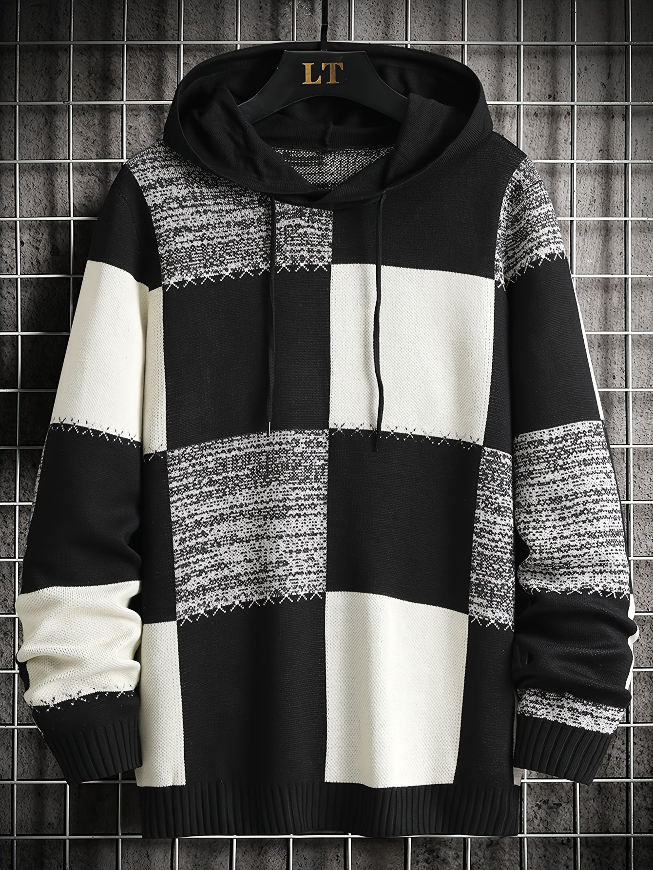 Sweat à Capuche Homme Motif Carreaux Bicolore Maille Décontracté