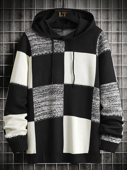 Sweat à Capuche Homme Motif Carreaux Bicolore Maille Décontracté