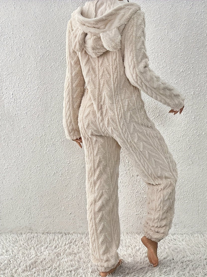 Grenouillère Femme Douce Motif Géométrique Ours Beige à Capuche avec Fermeture Éclair