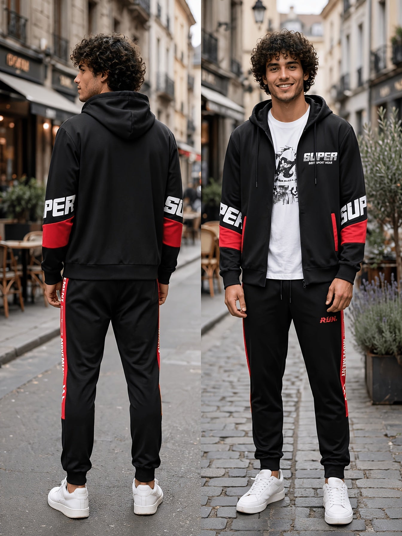 Ensemble Homme Sportif Noir avec Capuche et Bandes Latérales