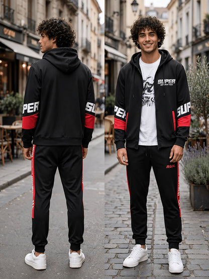 Ensemble Homme Sportif Noir avec Capuche et Bandes Latérales