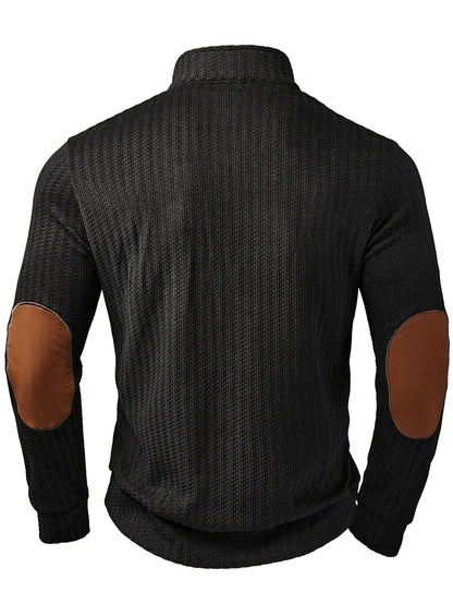 Pull homme à col montant boutonnable, motif tissé et empiècements aux coudes