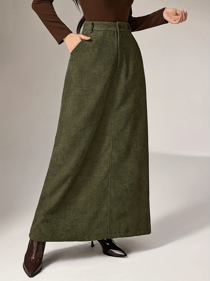 Jupe longue côtelée femme vert olive taille haute décontractée avec poches