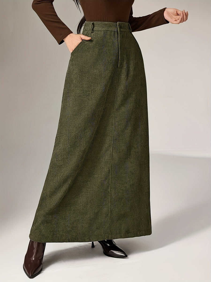 Jupe longue côtelée femme vert olive taille haute décontractée avec poches