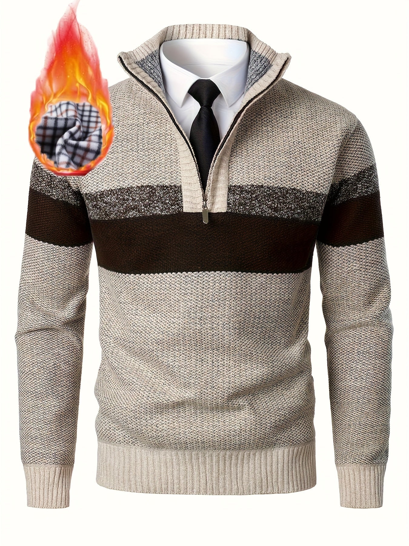 Pull homme tricoté à rayures, col montant zippé, doublure polaire beige et marron
