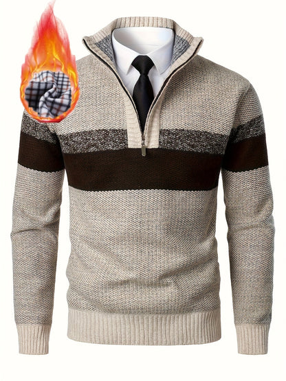 Pull homme tricoté à rayures, col montant zippé, doublure polaire beige et marron