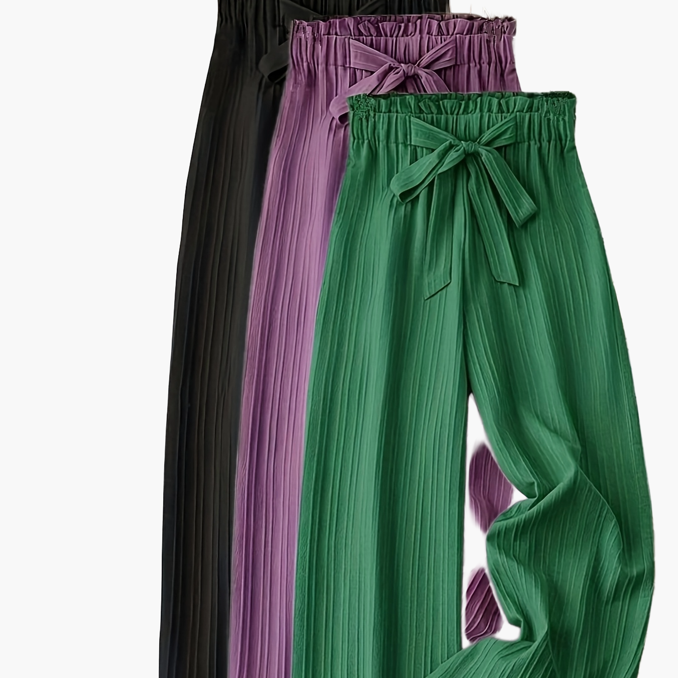 Pantalon large droit à taille élastique avec ceinture nœud pour femme, style élégant décontracté