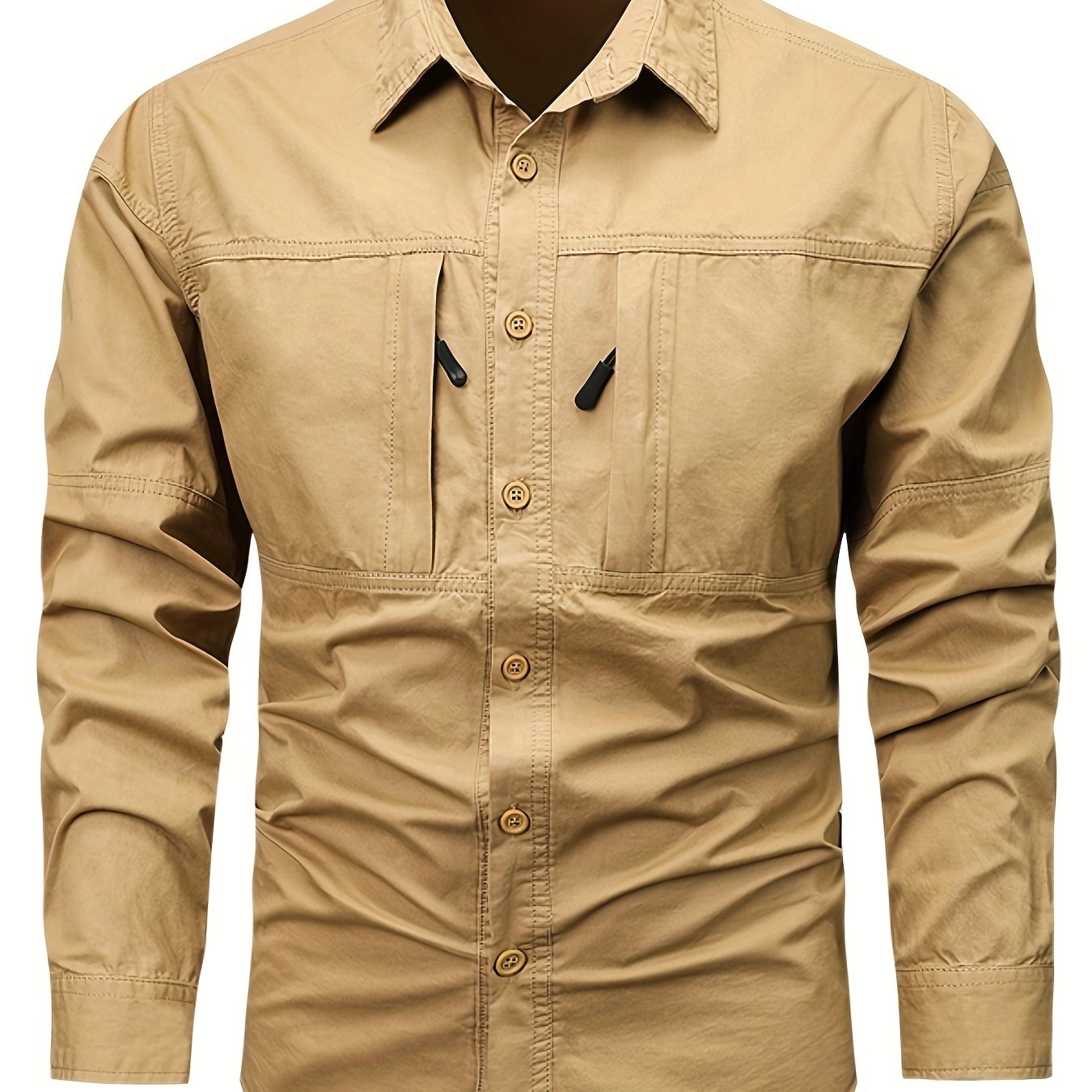 Chemise Homme Boutonnée Manches Longues à Poches Zippées Style Cargo Militaire