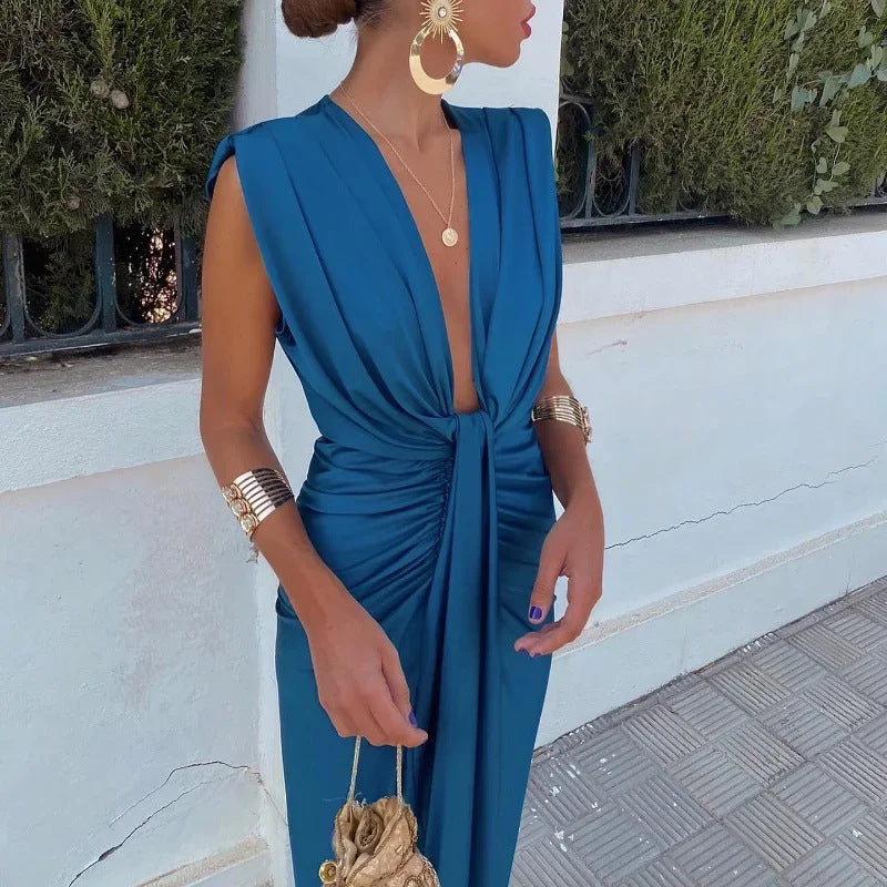 Robe de soirée élégante pour femme à décolleté profond et taille haute, style glamour