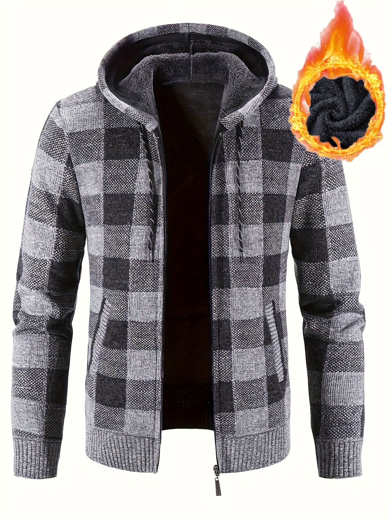 Cardigan Homme à Capuche Carreaux Marron Noir Fermeture Éclair Doublure Chaude