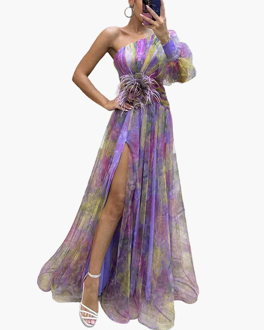 Robe longue élégante femme style soirée à une épaule avec fente et volant tendance