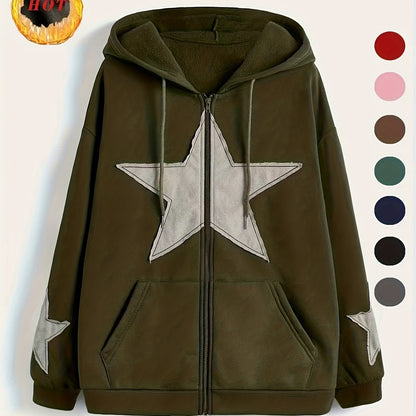Sweat à capuche zippé marron avec motif étoile gris délavé
