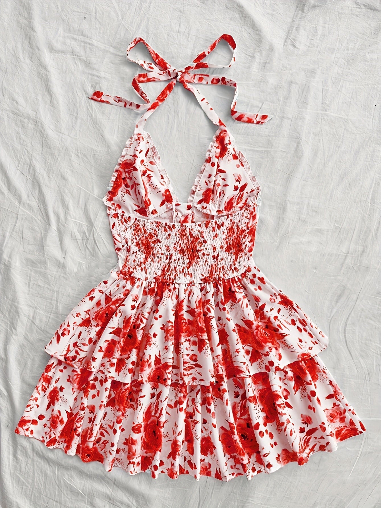 Sommerkjole til kvinder i boheme-stil med flæser, halterneck, blomsterprint, ideel til aftener og fester