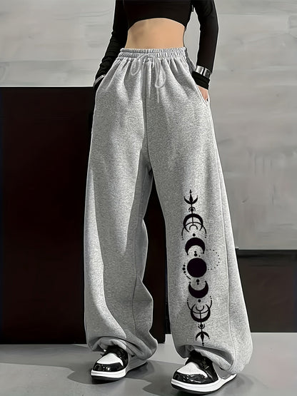Pantalon large décontracté Femme avec imprimé phases de lune, taille élastiquée et poches
