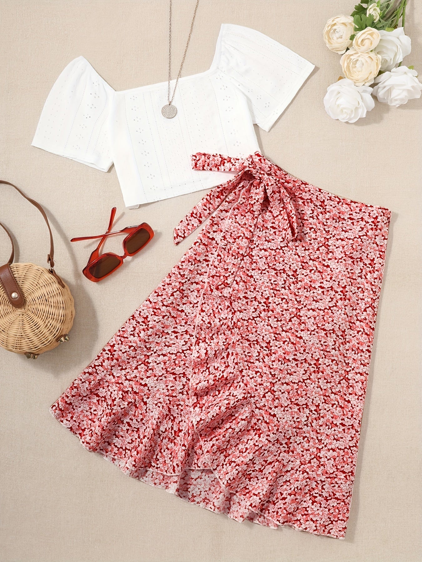 Women's Boho Chic Set – Short Sleeve Crop Top and Floral Wrap Skirt