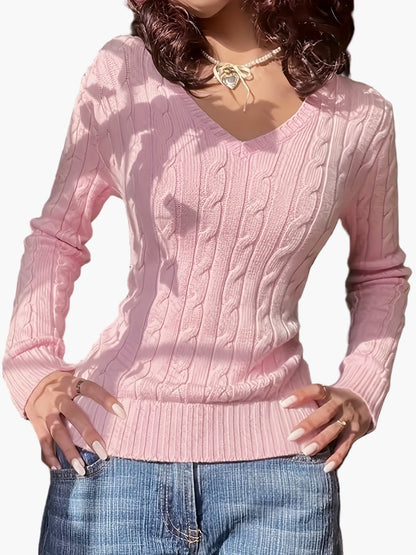 Pull Femme Style Casual à Col V et Motif Câble - Élégance Quotidienne