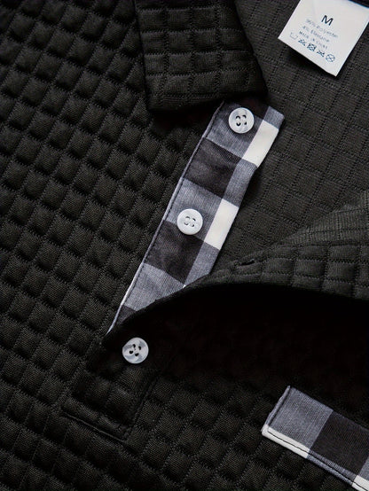 Polo homme à manches longues texturé quadrillé bicolore col chemise