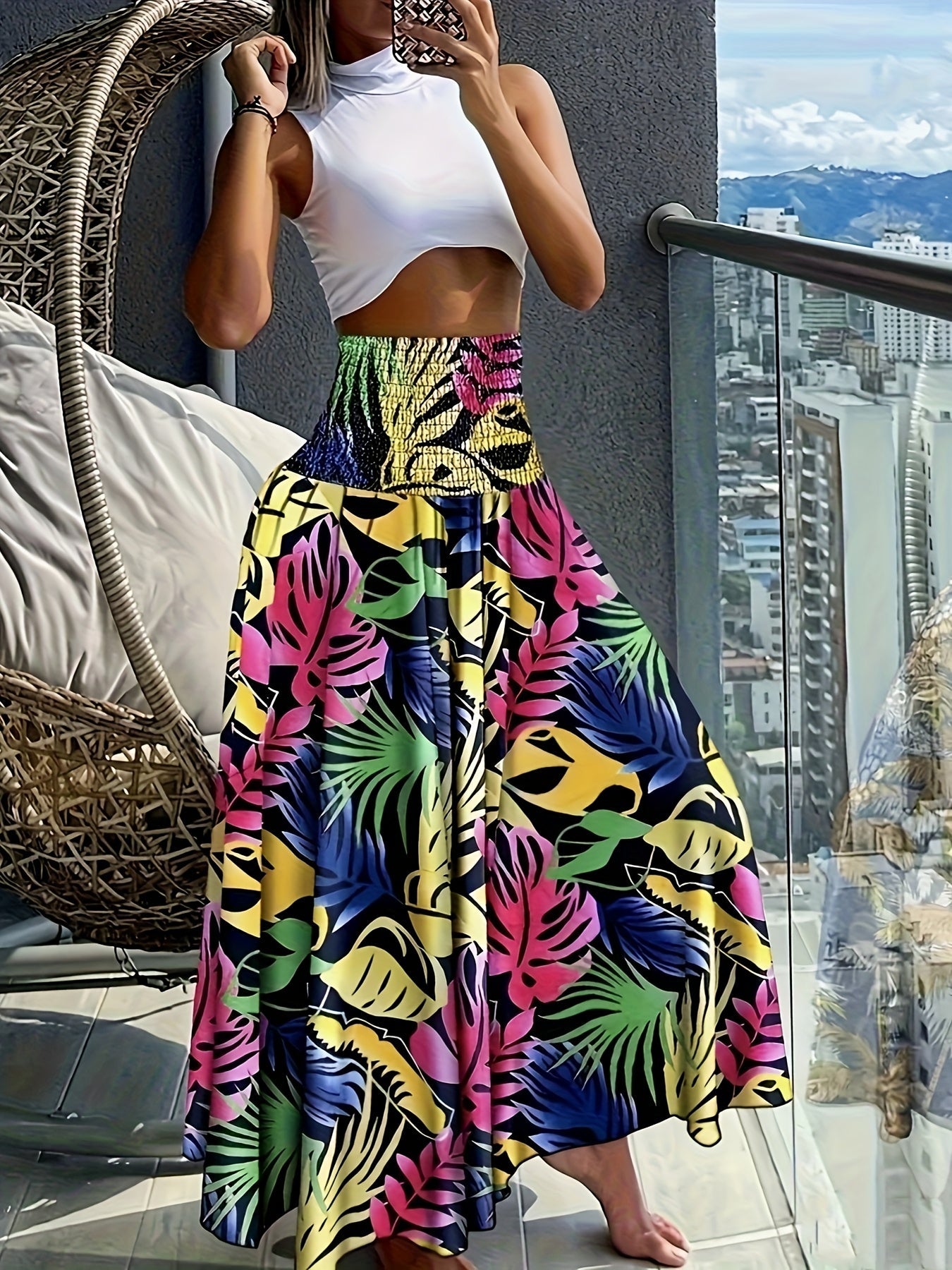 Falda larga de talle alto bohemia para mujer con estampados tropicales para el verano