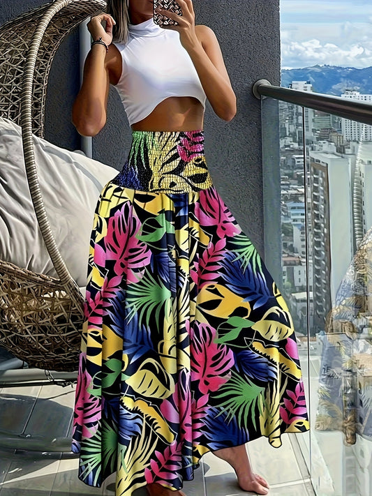 Gonna lunga a vita alta boho donna con motivi tropicali per l'estate