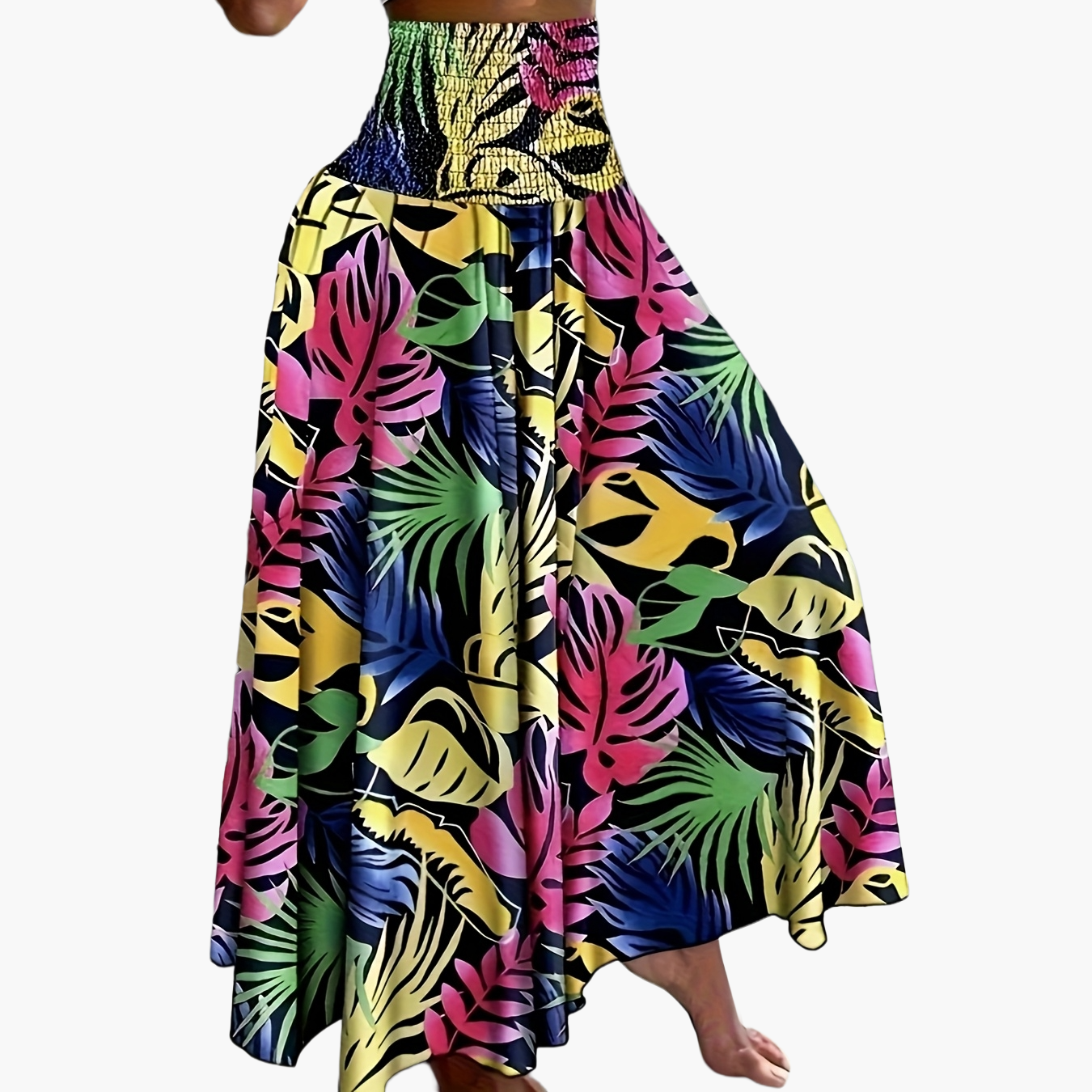 Falda larga de talle alto bohemia para mujer con estampados tropicales para el verano