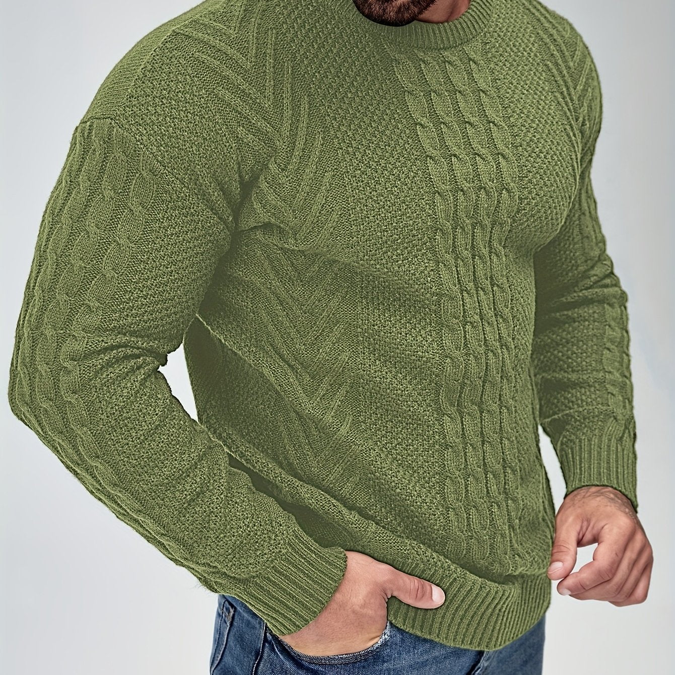 Jersey de punto trenzado para hombre estilo urbano casual – Mangas largas, elegante otoño/invierno