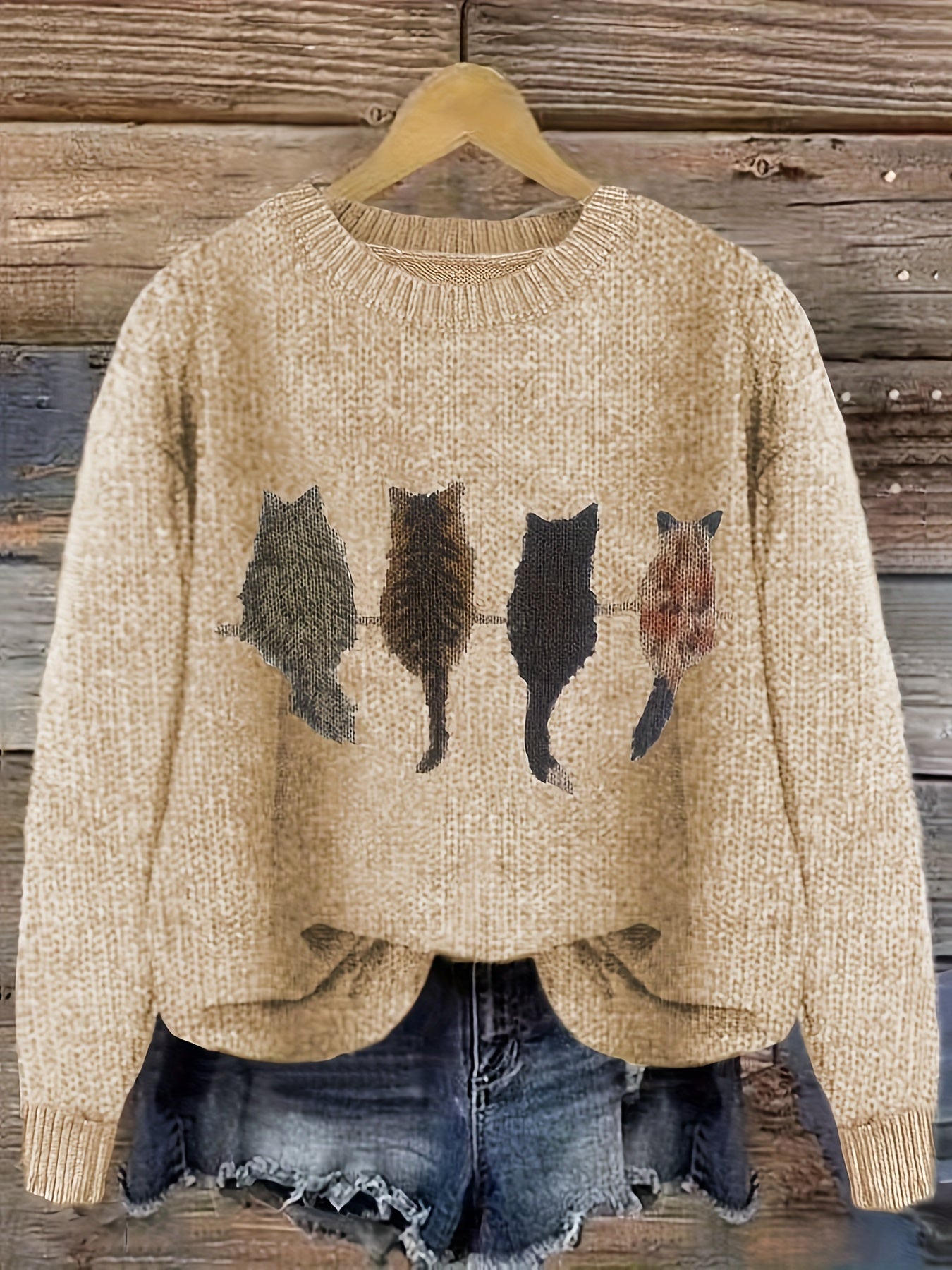 Pull en maille femme col rond à motif chats manches longues