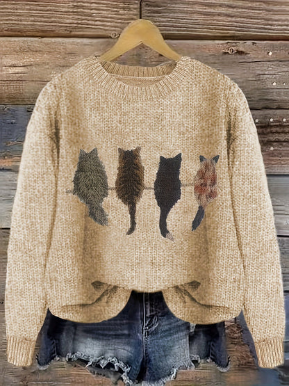 Pull en maille femme col rond à motif chats manches longues