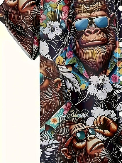Hawaiihemd für Herren mit tropischem Gorilla-Print, lässiger Sommerstil  
