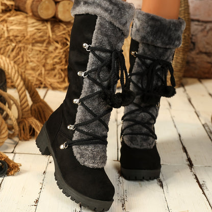 Bottes Femme Noires Mi-Mollet Effet Daim avec Doublure Fourrure Grise et Lacets Décoratifs
