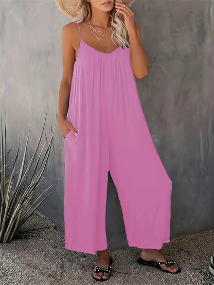 Mono holgado casual para mujer estilo verano con tirantes finos y bolsillos – Look chic y cómodo para vacaciones o ciudad