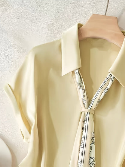 Elegant short-sleeve blouse with collar and scarf for women – Casual chic style