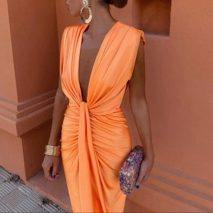Robe de soirée élégante pour femme à décolleté profond et taille haute, style glamour
