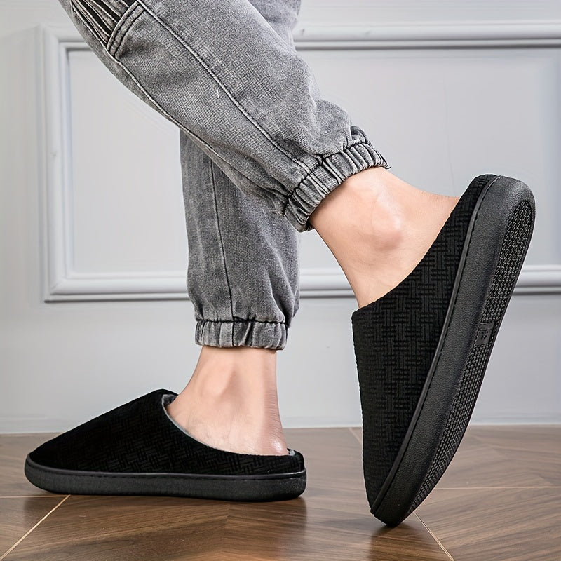 Pantoufles d'intérieur homme noires doublées, motif texturé discret, confortables et chaudes