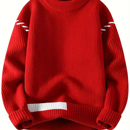 Pull col rond côtelé rouge avec détails contrastants