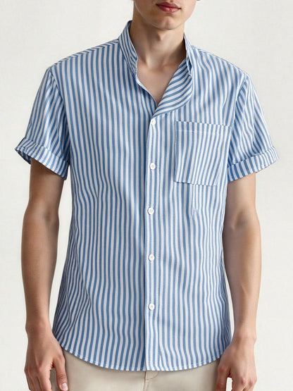 Chemise décontractée à manches courtes pour homme, style estival à rayures, col montant, idéale pour l'été